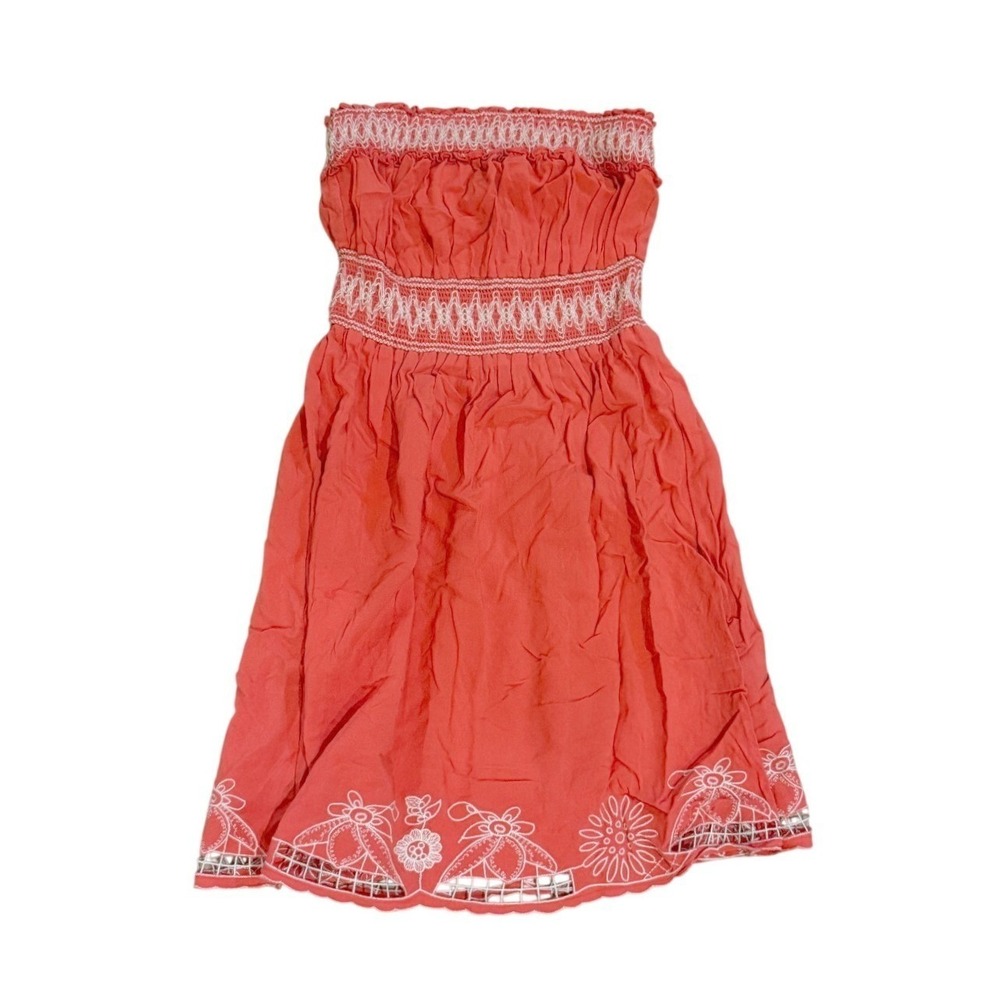 Vintage Y2K Wet Seal XS/S Coral Embroidered Smocked Strapless Babydoll Tube Top